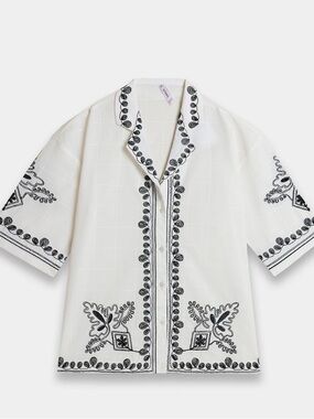 Ethnc White Short-Sleeve Embroidered Button-Up Shirt with Black Trim